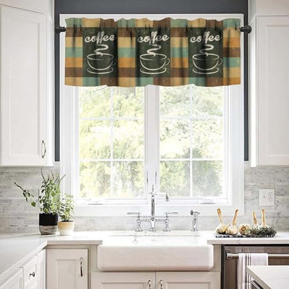 Retro Coffee Valances Curtains, Abstract Coffee Cups Teal Brown Background Rod Pocket Window Treatment Valance for Kitchen Dinning Room Living Room Bedroom Cafe, 54x18 Inch - color: Coffee-6, size: 53"W x 18"L (Pack of 1)