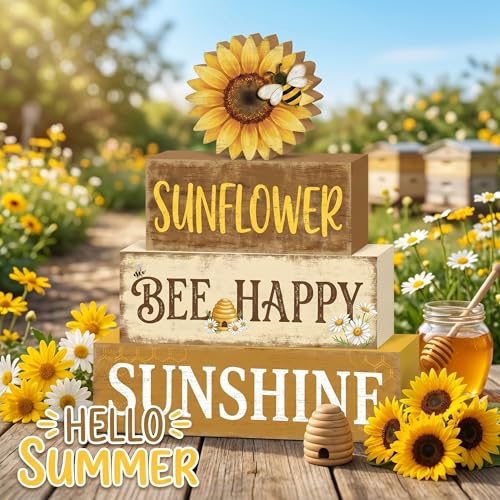 Britimes Tiered Tray Decor Set, 4 Pack, Wooden Table Sign, Sunflower - style: Sunflower