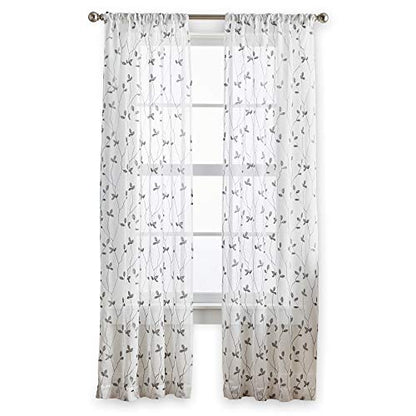 Curtainworks Botanical Embroidery Sheer Window Curtain Collection, Rod Pocket, 63-inch Panel Pair, Grey - color: Grey, size: 37"W x 63"L (Pack of 2)
