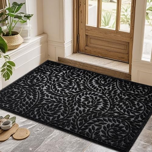 Bulijojo Front Door Mat Entrance,Durable Heavy Duty Welcome Mat,Thick Absorbent Natural Rubber Non Slip Mat,Sturdy Entryway Black 47"x32" - color: Black, size: 2'8" x 3'11" (Leaf)