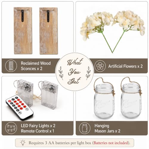 Rustic Mason Jar Sconces Wall Decor, Rustic Brown, Set of 2 - color: 11"H Brown + Hydrangea