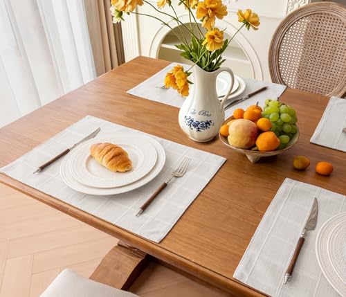Linen Checked Placemats Set of 6, White Rustic Place Mats 12x18 Inch - color: White, size: 12×18 Inch (Set of 6)