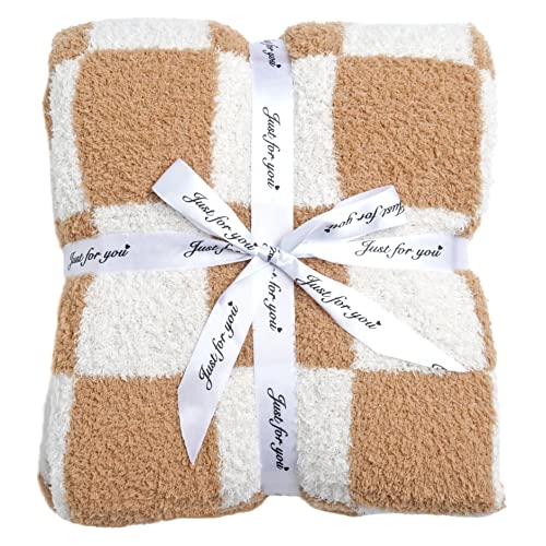 Ultra Soft Checkered Blanket Cozy Buffalo Check Throw Fluffy Knitted Reversible Throw Blanket Lightweight Fleece Checkerboard Grid Blanket for Sofa Couch Bed Travel, Orange Khaki, 51''x63'' - color: Orange Khaki