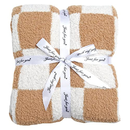Ultra Soft Checkered Blanket Cozy Buffalo Check Throw Fluffy Knitted Reversible Throw Blanket Lightweight Fleece Checkerboard Grid Blanket for Sofa Couch Bed Travel, Orange Khaki, 51''x63'' - color: Orange Khaki
