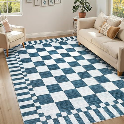 Garvee 8x10 Checkered Washable Rugs for Living Room Bedroom Rug - color: Modern Plaid - Blue, size: 8' x 10' (Rectangular)