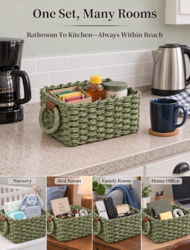 Small Wicker Baskets, 3 PCS Paper Rope Baskets for Shelves, Green - color: Green