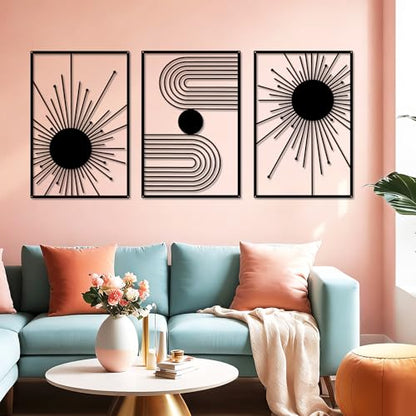YIYA 3 Pcs Black Metal Wall Art Minimalist Sun Geometric Line Wall Decor, Modern Abstract Boho Wall Sculptures, Hanging Metal Wall Art for Living Room Bedroom Office 15.7" x 10.4"