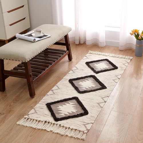 Boho Runner Rug 2'x5', Washable Hallway Rug Runner Non Slip Rubber Backed, Kitchen Farmhouse Area Rug Floor Mat with Tassels, Tufted Woven Cotton Entryway Carpet, Brown - color: Brown, size: 2' x 5' (Runner)