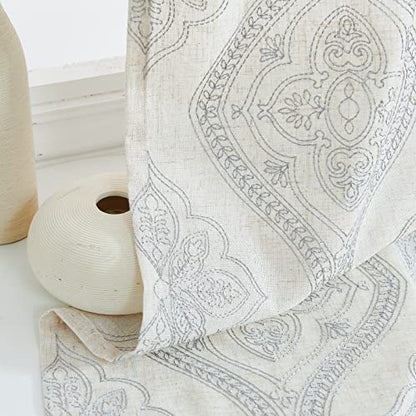 jinchan Boho Floral Linen Curtains 96 Inch Grey on Ecru Grommet 2 Panels - color: Damask Grey, size: 50"W x 96"L (Pack of 2)