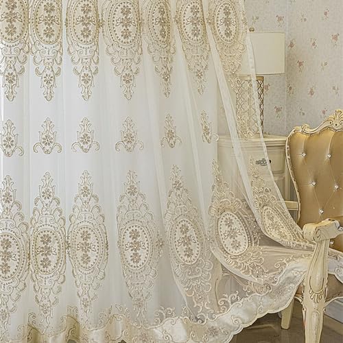 Amidoudou 1 Pair European Double Layer Curtains with Valances for Living Room Bedroom Luxury 3D Flower Embroidered Semi-Blackout Curtains (White,51x96 Inch) - size: 51"W x 96"L (Pack of 2)