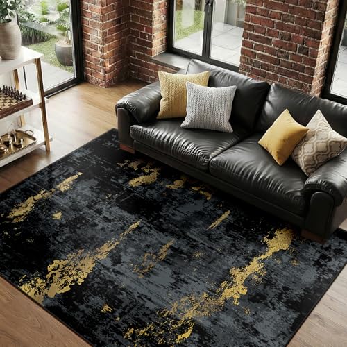 RELEANY Washable 4'x6' Abstract Area Rug for Living Room Black Gold - color: Black/Gold, size: 4' x 6' (Rectangular)