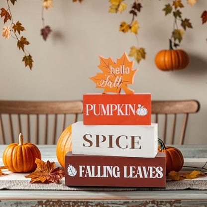 4 Pcs Thanksgiving Fall Decor Wooden Table Centerpieces Fall Maple Leaf Block Sign Decorations for Home Wooden Tiered Tray Decor for Tabletop Autumn Harvest Party Home Kitchen - style: Maple Leaf