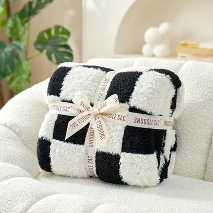 Snuggle Sac Faux Fur Checkered Blanket Twin Size with Soft Knitted Microfiber Fabric,Cozy Soft Warm Blanket for Sofa Bedroom Living Room,Black Checker,60x80 inches - color: Black White, size: Twin(60"x80")