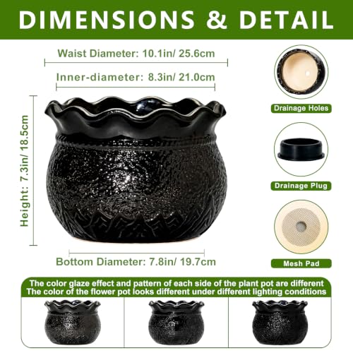 Ceramic Planters for Plants, 10 Inch Flower Pots, Black - color: Black, size: 10 Inch