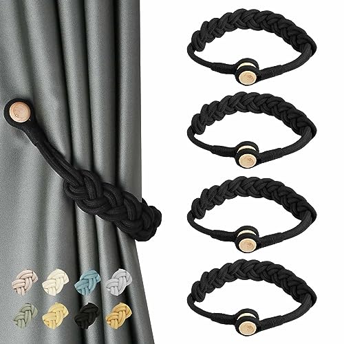 BEL AVENIR Curtain Tiebacks Magnetic 4 Pack Woven Drapery Holdback - color: Black-4packblack