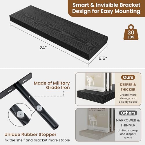 Floating Shelves for Wall, Wall Mounted Wood Shelves, Black, Set of 2, 24in - color: Black, size: 24"W x 6.5"D , 2 Pack