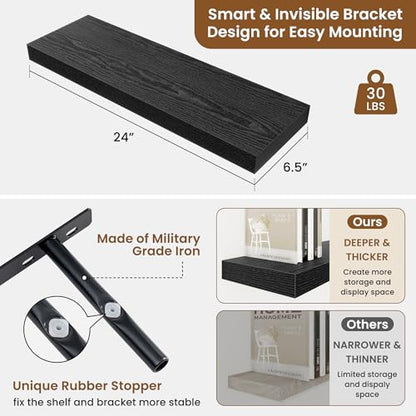 Floating Shelves for Wall, Wall Mounted Wood Shelves, Black, Set of 2, 24in - color: Black, size: 24"W x 6.5"D , 2 Pack