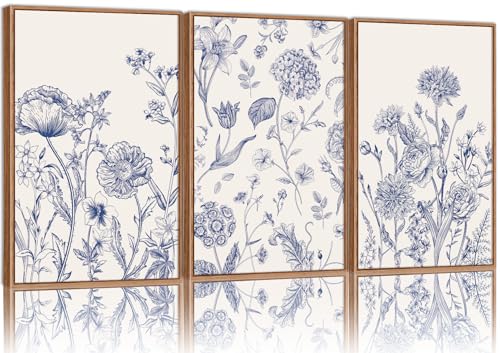 Tinonedraw Large Classic Chinoiserie Flower Framed Canvas Wall Art Set, Navy Blue and White Floral Wall Decor, Minimalist Neutral Botanical Art Printing for Living Room Bedroom Office Dorm 16"x24"x3 - color: Classic Chinoiserie Flower, size: 24"L x 16"W