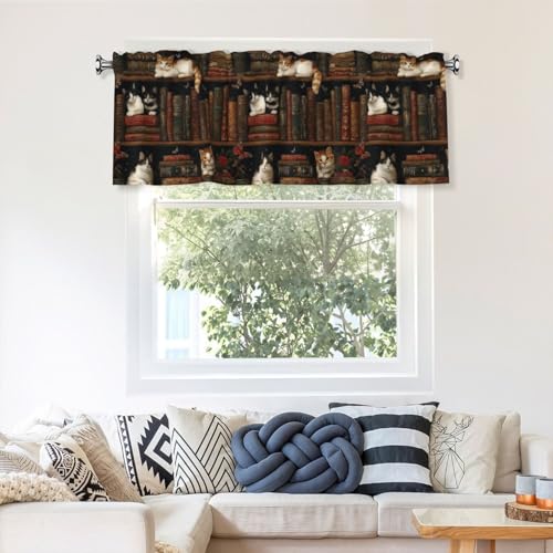 Bookshelf Cat Valances for Windows Rod Pocket Curtain Valance 1 Panel Short Curtains for Kitchen Bathroom Living Room Bedroom Window Treatments - color: Bookshelf Cat