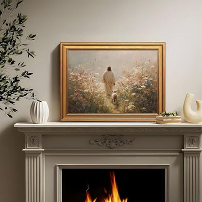Gold Framed Jesus Wall Art Jesus Leaves The 99 Sheep Pictures 12x16 Inch - color: Jesus, size: 16"L x 12"W