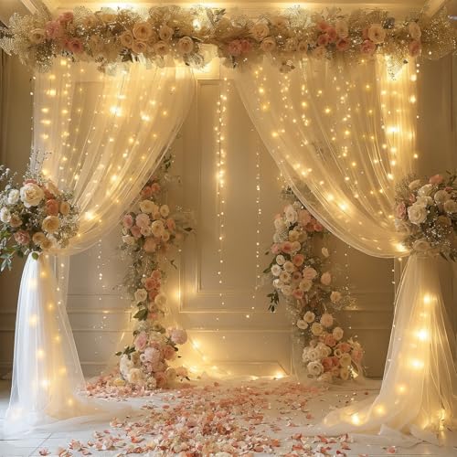 Besutolife Sheer Curtains with Lights Champagne Tulle Backdrop Curtain for Bedroom Parites Wedding Birthday Decorations 2 Panels 60" Wｘ96 L - color: Champagne, size: 60"W x 96"L (Pack of 1)
