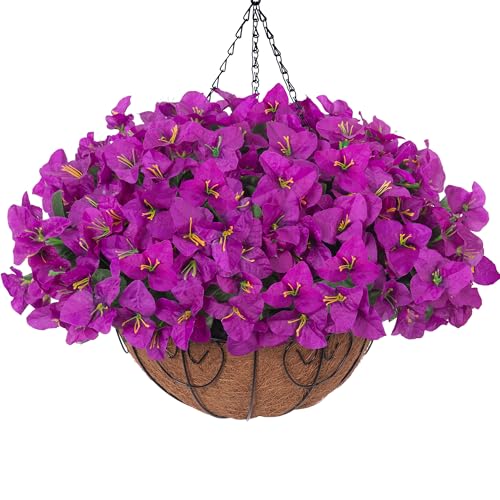HyeFlora Artificial Fake Hanging Flowers Plants Basket for Outdoors Fall Decor, Faux Silk Bougainvillea in Planter Look Real UV Resistant Faux Flower for Outside Porch Patio Garden Home Decor, Purple - color: Purple-new