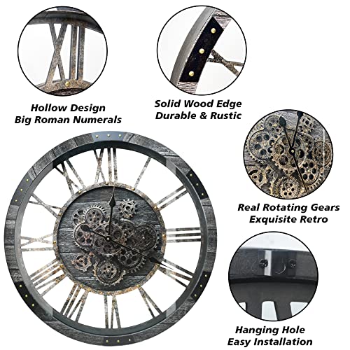27" Real Moving Gears Large Wall Clock with Toughened Glass Cover, Giant Wood Farmhouse Clock, Oversized Vintage Industrial Rustic Clock for Living Room Decor Home Kitchen (Carbon Grey) - color: Carbon Grey, size: 68cm / 27 inch