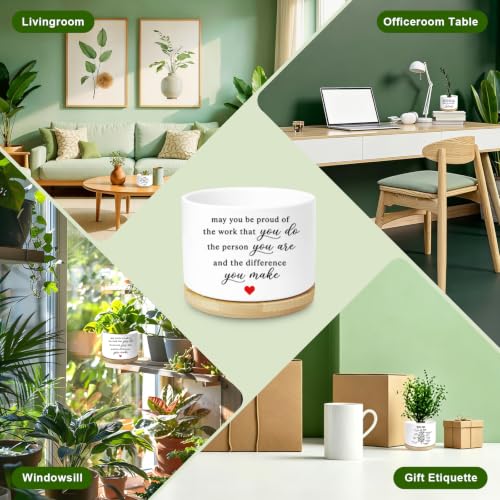 YROVWENQ Small Ceramic Succulent Planter Pots with Bamboo Tray, No Plants - color: Proud of Your Work