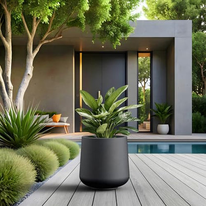 Kante Round Concrete Planter, 13-Inch Dia Barrel-Style Garden Pots with Drainage Hole for Home, Patio and Garden, Flower and Tree Planter (10.2" Opening), Black - color: Black, size: 13" D