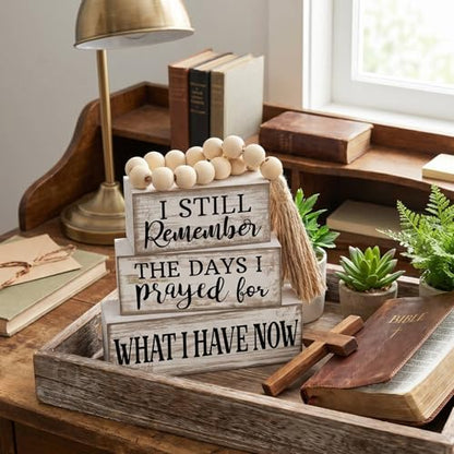 Yuntau 4 Pcs Farmhouse Christian Tabletop Decor Rustic Wood Bead Garland - style: Prayed