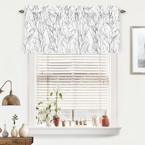 DriftAway Tree Branch Lined Valance Double Layer Blackout Thermal Insulated Abstract Ink Printing Window Curtain Valance Rod Pocket 52 Inch by 18 Inch Plus 2 Inch Header Silver Gray 1 Pack - color: Silver Gray, size: 52"W x 18"L (Pack of 1)
