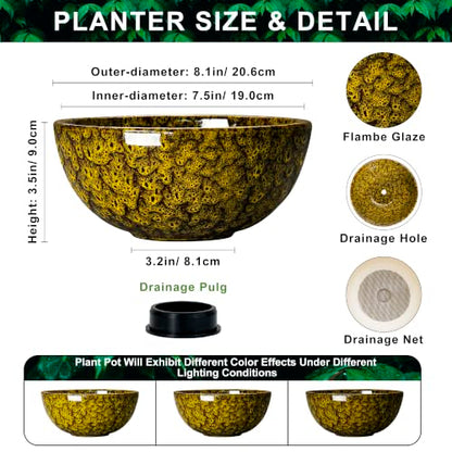 Lotus Bowl Planter, 8 Inch Ceramic Bonsai Pots, Yellow Leopard - color: Yellow Leopard-1, size: 8 Inch