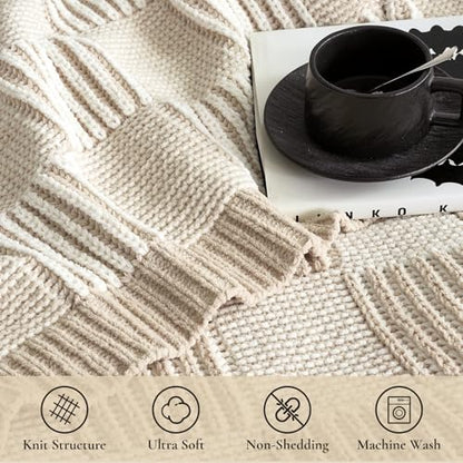 Amélie Home Checkered Chenille Knit Throw Blanket for Couch, Beige 50"x60" - color: Checkered Beige, size: 50" X 60"
