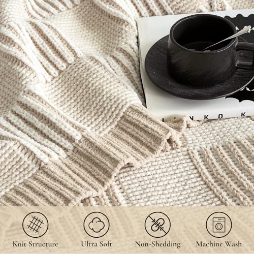 Amélie Home Checkered Chenille Knit Throw Blanket for Bed, Beige 60"x80" - color: Checkered Beige, size: 60" X 80"