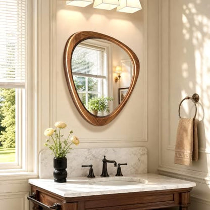 24" x 19" Asymmetrical Mirror, Solid Wood Frame, Irregular Design - color: Brown, size: 24"L x 19"W