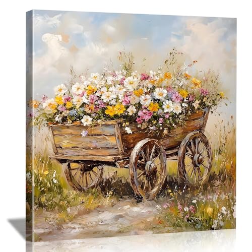 LJXDUBAF Vintage Floral Canvas Wall Art,Rustic Meadow with Flowers Landscape Framed Poster, Farmhouse Style Artwork for Living Room Bedroom Bathroom Kitchen Decor (Flower 02, 24L×24W) - color: Flower 02, size: 24L"×24W"
