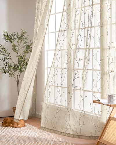 jinchan Beige Leaf Voile Embroidered Curtains 84 Inch Back Tab 2 Panels - color: Vine Back Tab Beige, size: 55"W x 84"L (Pack of 2)