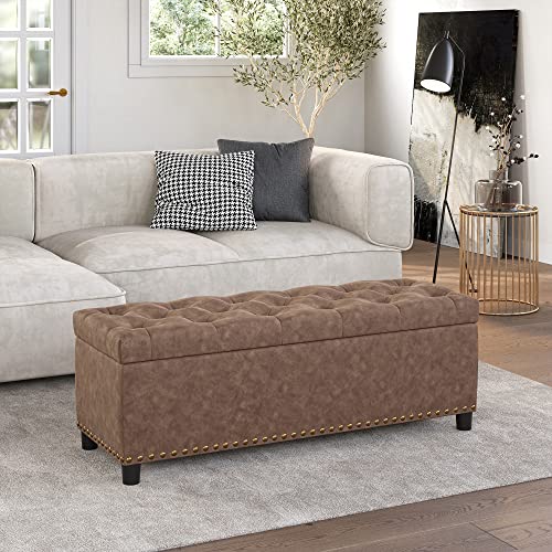 BELLEZE Storage Ottoman, Tufted Ottoman with Close Hinge, Foot Rest for Living Room (Rustic Brown, 47 inch) - color: Rustic Brown