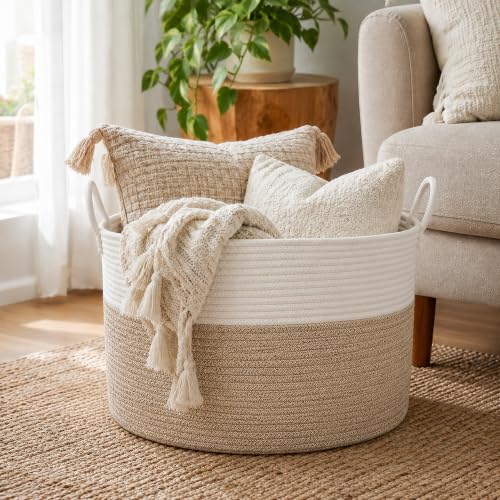XUANGUO 66L Large Blanket Basket, Round Cotton Rope Basket, White & Brown - color: white and brown