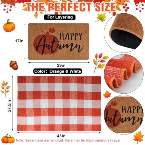 2-Piece Fall Front Door Mat Set, Layered Coir & Orange White Plaid Mats - color: Orange and White