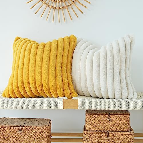 JOJUSIS Faux Fur Plush Throw Pillow Covers, Mustard Yellow, 16 x 16-Inch - color: Mustard Yellow, size: 16" x 16" (Pack of 2)