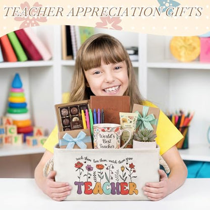 Marsui 1 Pcs Teacher Gift Basket Foldable Linen Storage Basket with Handles - color: White Brown, size: Teacher