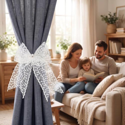 White Lace Bow Curtain Tiebacks 6-Pack, Vine Floral Curtain Holdbacks - color: White Leaf Filigree