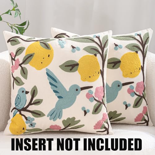 Embroidered Throw Pillow Covers 18x18 Pack of 2 Bird Lemon - color: Birds&lemons
