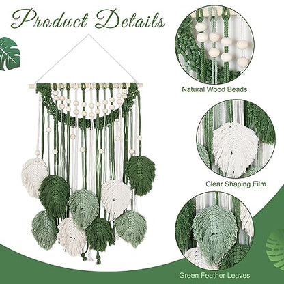Newwiee Green Macrame Wall Hanging,27.6 x 15.8 Inch Boho Leaf Woven Tapestry Green Handmade Woven Leaves Feather Decorations for Bedroom, Living Room, Nursery, Apartment