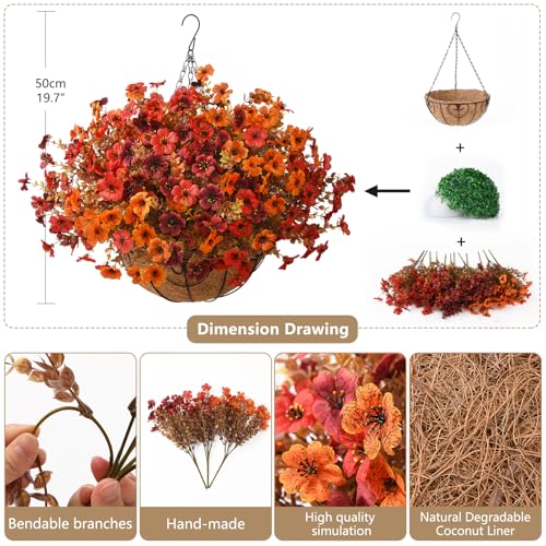 Artificial Fall Hanging Flowers Basket, UV Resistant Mums for Outdoors - color: Orange Brown Red