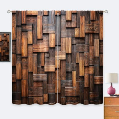 Brown Rustic Farmhhouse Wooden Block Living Room Bedroom Window Curtains - color: A-brown, size: 42"W x 63"L (Pack of 2)