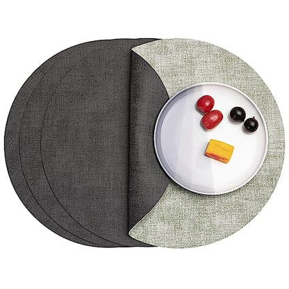 Myir JUN 14" Round Placemats Set of 4, Reversible Dual-Color Place Mats - color: Gray Grass Green