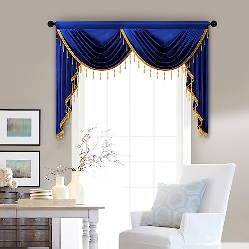 ELKCA Luxury Royal Blue Velvet Curtain Valances for Living Room with Beads(59inch,1 Panel) - color: Royal Blue, size: 59"W x 43"L (Pack of 1)
