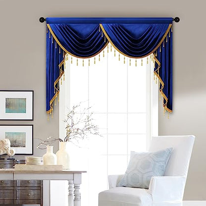 ELKCA Luxury Royal Blue Velvet Curtain Valances for Living Room with Beads(59inch,1 Panel) - color: Royal Blue, size: 59"W x 43"L (Pack of 1)